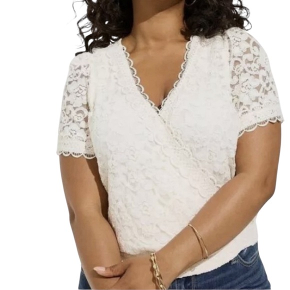 Torrid 1 (1X) Cream Lace Faux Wrap Short Sleeve Shirt Blouse - Picture 1 of 10